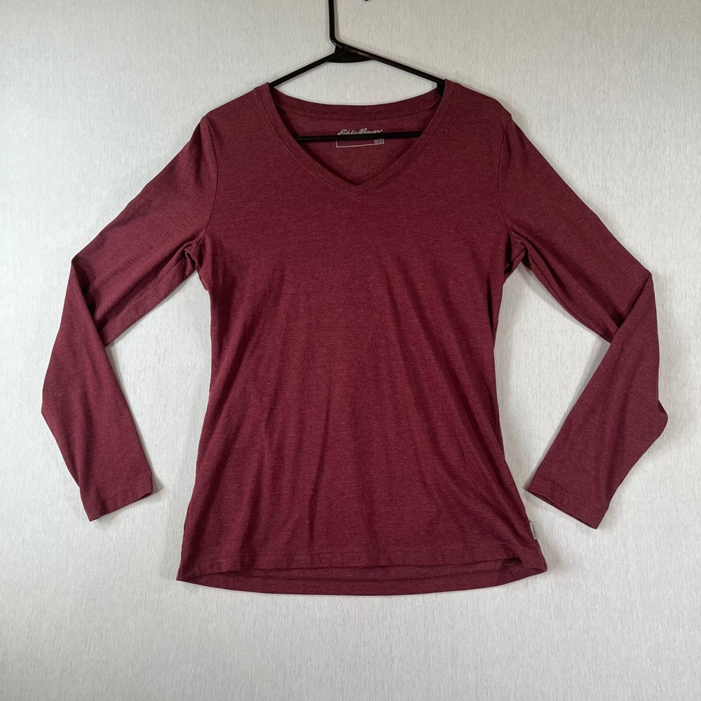 Eddie Bauer Top Womens M Long Sleeve V-Neck T-Shirt Burgundy Heathered Stretch